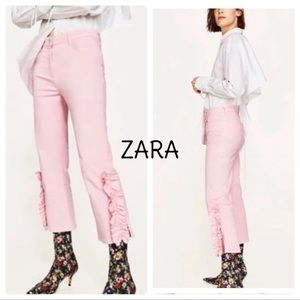 Zara Pink Ruffle Hem Cropped Pants High Waist Blogger Style Size M